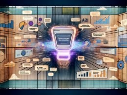 Futuristische Website-Oberfläche mit prominentem KI-Chat-Werbemodul, umgeben von beiseite geschobenen veralteten Bannern und Pop-ups, modernen UI-Elementen und steigenden Diagrammen.