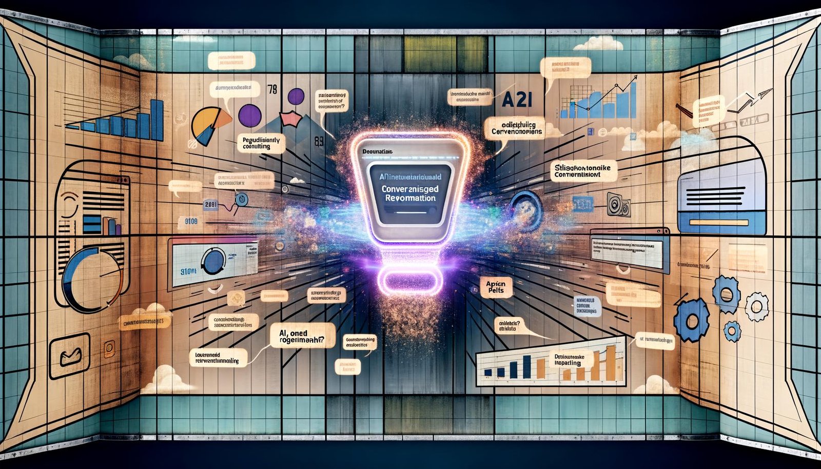 Futuristische Website-Oberfläche mit prominentem KI-Chat-Werbemodul, umgeben von beiseite geschobenen veralteten Bannern und Pop-ups, modernen UI-Elementen und steigenden Diagrammen.