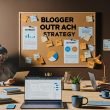 Zwei Personen an großem Schreibtisch mit Laptops, SEO-Dashboard und E-Mail-Fenstern, Pinnwand mit Blogger-Outreach-Begriffen, digitales und produktives Office-Setting.