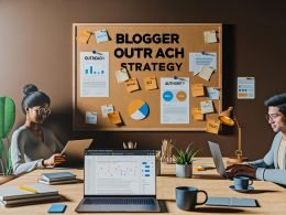 Zwei Personen an großem Schreibtisch mit Laptops, SEO-Dashboard und E-Mail-Fenstern, Pinnwand mit Blogger-Outreach-Begriffen, digitales und produktives Office-Setting.