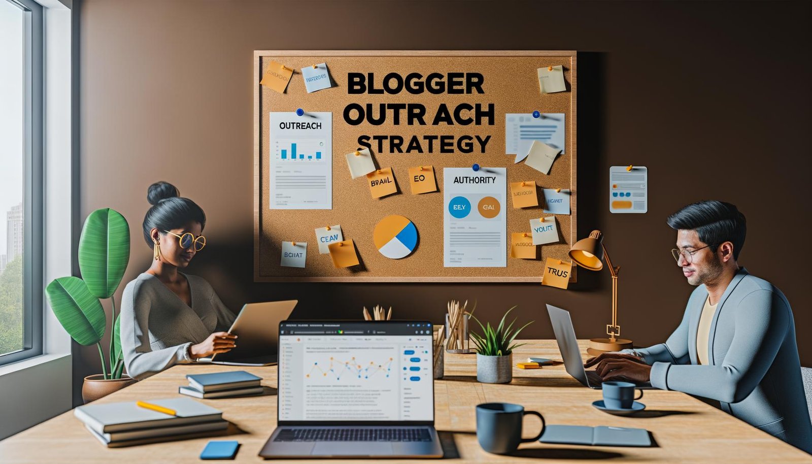 Zwei Personen an großem Schreibtisch mit Laptops, SEO-Dashboard und E-Mail-Fenstern, Pinnwand mit Blogger-Outreach-Begriffen, digitales und produktives Office-Setting.