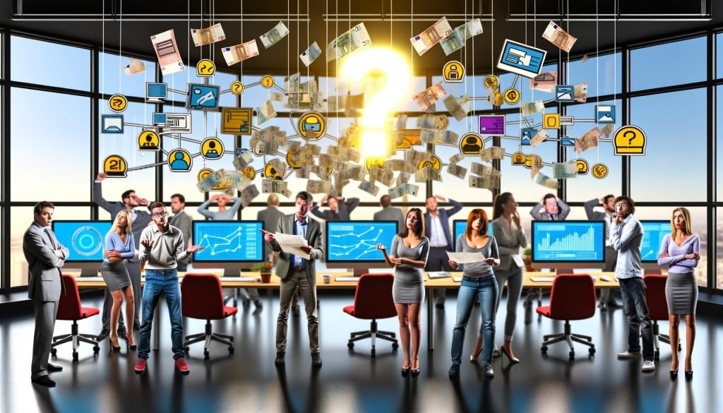 Marketingmanager im modernen, chaotischen Büro, umgeben von Bildschirmen mit bunten Dashboards, verwirrten Gesichtern und Symbolen für Werbung, E-Mail, Social Media und Analytik, mit Euro-Scheinen und Fragezeichen.
