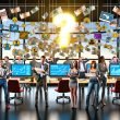 Marketingmanager im modernen, chaotischen Büro, umgeben von Bildschirmen mit bunten Dashboards, verwirrten Gesichtern und Symbolen für Werbung, E-Mail, Social Media und Analytik, mit Euro-Scheinen und Fragezeichen.
