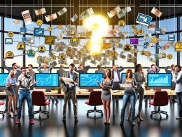 Marketingmanager im modernen, chaotischen Büro, umgeben von Bildschirmen mit bunten Dashboards, verwirrten Gesichtern und Symbolen für Werbung, E-Mail, Social Media und Analytik, mit Euro-Scheinen und Fragezeichen.