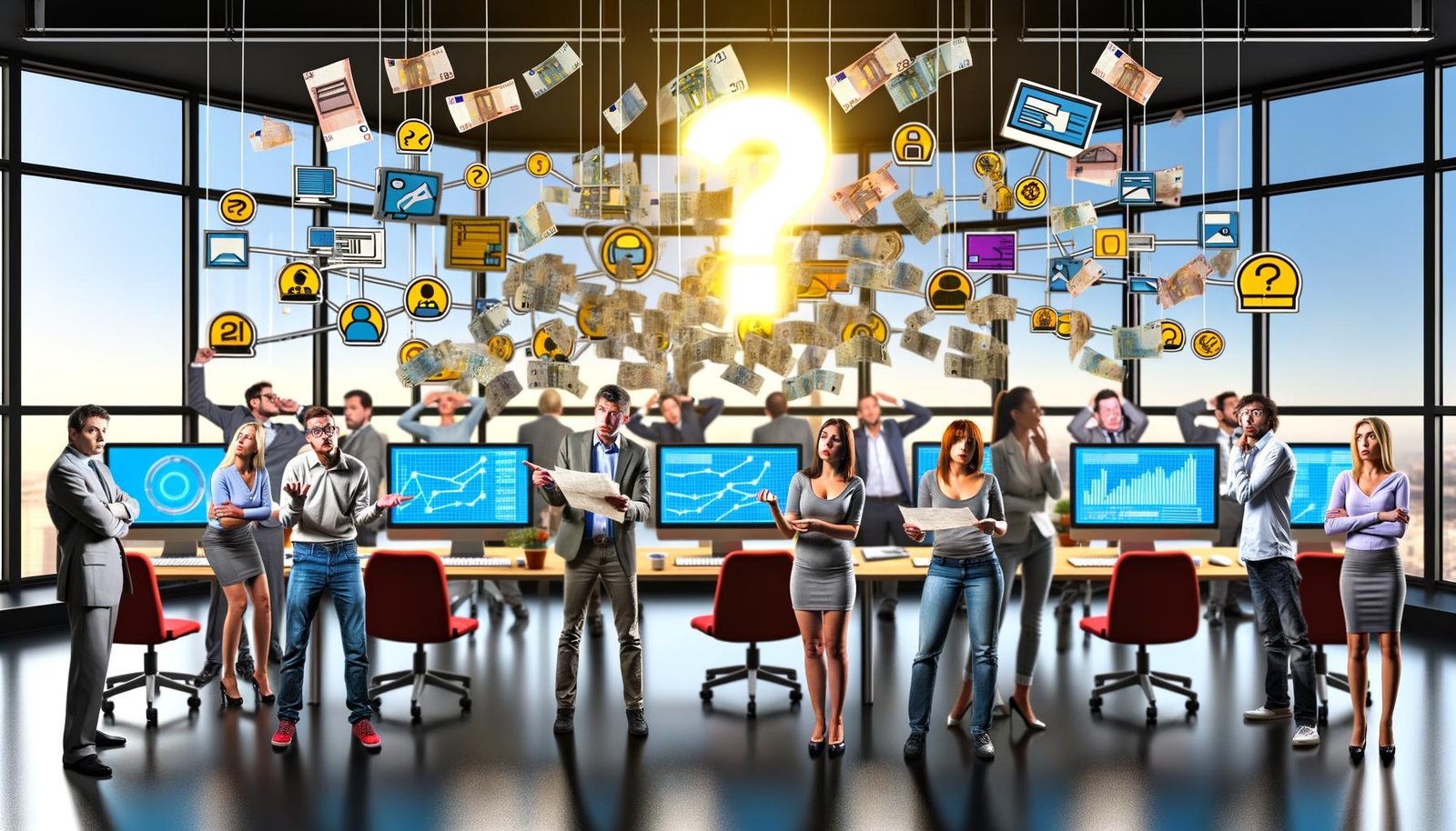 Marketingmanager im modernen, chaotischen Büro, umgeben von Bildschirmen mit bunten Dashboards, verwirrten Gesichtern und Symbolen für Werbung, E-Mail, Social Media und Analytik, mit Euro-Scheinen und Fragezeichen.