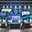 Zwei Marketer an futuristischem Schreibtisch betrachten eine KI-gesteuerte, dialogbasierte Werbeanzeige auf digitalen Bildschirmen mit Echtzeitdaten, Datenschutzsymbolen und wachsenden Diagrammen im Hintergrund.
