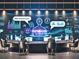 Zwei Marketer an futuristischem Schreibtisch betrachten eine KI-gesteuerte, dialogbasierte Werbeanzeige auf digitalen Bildschirmen mit Echtzeitdaten, Datenschutzsymbolen und wachsenden Diagrammen im Hintergrund.