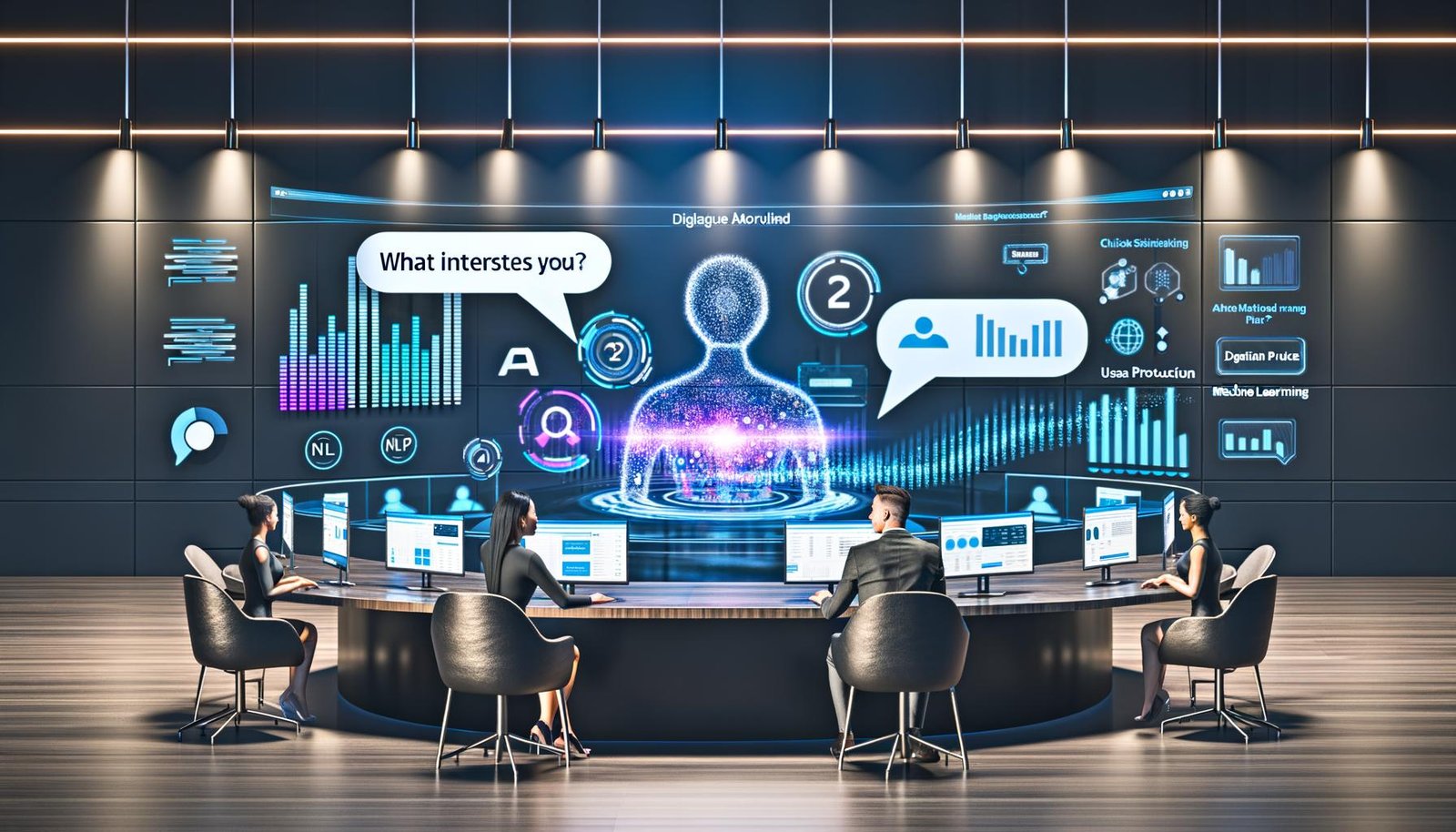 Zwei Marketer an futuristischem Schreibtisch betrachten eine KI-gesteuerte, dialogbasierte Werbeanzeige auf digitalen Bildschirmen mit Echtzeitdaten, Datenschutzsymbolen und wachsenden Diagrammen im Hintergrund.