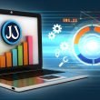 Titelbild mit Laptop und Joomla-Logo, großem SEO-Diagramm mit Ranking-Anstieg sowie technischen Icons vor Suchmaschinenergebnissen und Netzwerkstrukturen