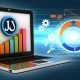 Titelbild mit Laptop und Joomla-Logo, großem SEO-Diagramm mit Ranking-Anstieg sowie technischen Icons vor Suchmaschinenergebnissen und Netzwerkstrukturen