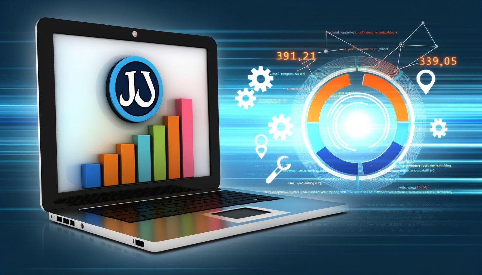 Titelbild mit Laptop und Joomla-Logo, großem SEO-Diagramm mit Ranking-Anstieg sowie technischen Icons vor Suchmaschinenergebnissen und Netzwerkstrukturen