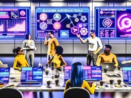 SEO-Team analysiert bunte Dashboards und Blogger Outreach Tools im modernen deutschen Workspace mit Logos von Pitchbox, BuzzStream und NinjaOutreach, umgeben von Technologie-Trends 2025.