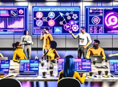 SEO-Team analysiert bunte Dashboards und Blogger Outreach Tools im modernen deutschen Workspace mit Logos von Pitchbox, BuzzStream und NinjaOutreach, umgeben von Technologie-Trends 2025.