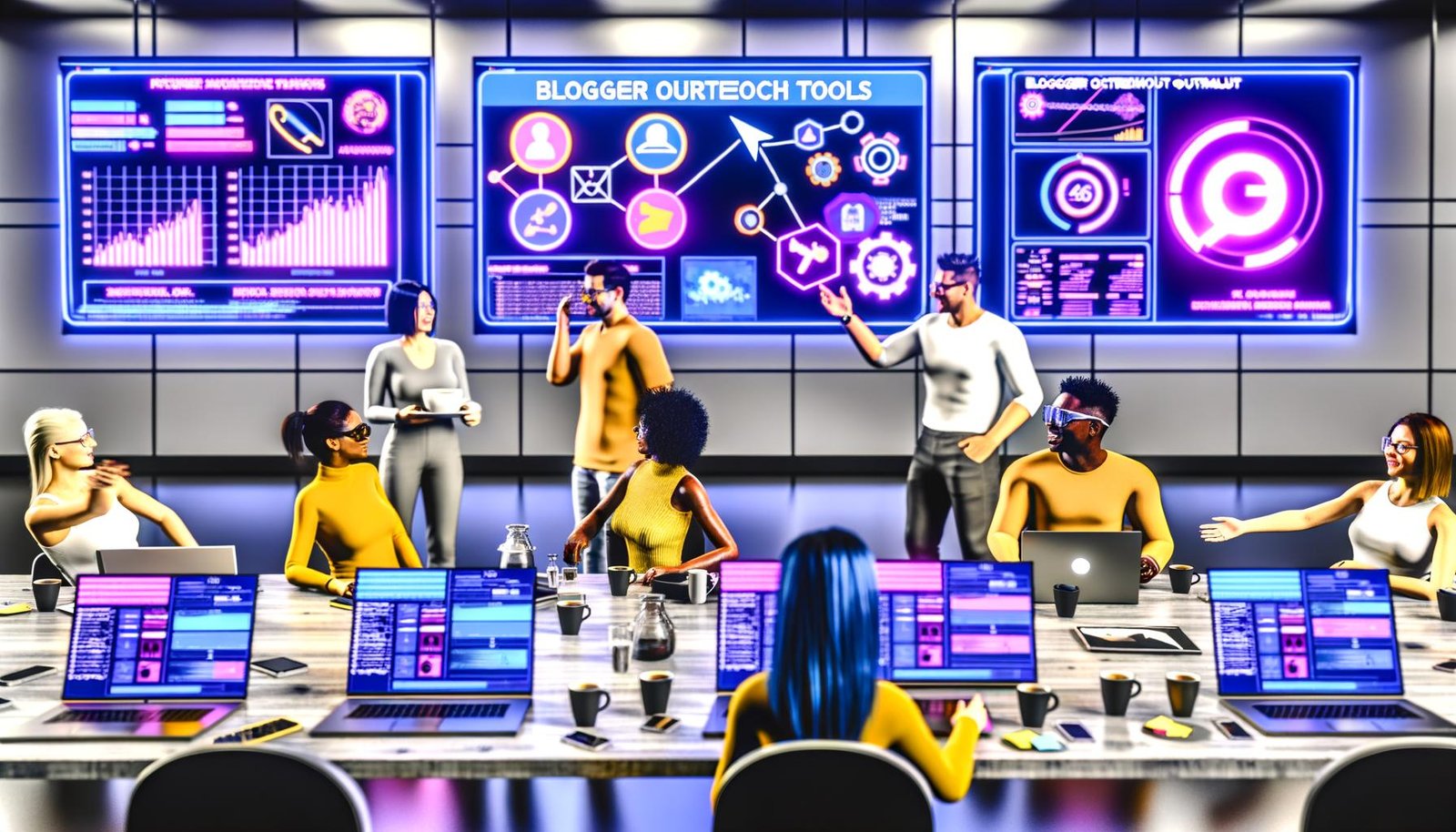 SEO-Team analysiert bunte Dashboards und Blogger Outreach Tools im modernen deutschen Workspace mit Logos von Pitchbox, BuzzStream und NinjaOutreach, umgeben von Technologie-Trends 2025.