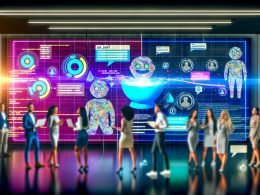 Marketing-Team diskutiert vor digitalen Dashboards mit KI-Dialoganzeigen und Conversion-Statistiken in modernem, urbanem Büro mit holografischen Bannern und Code-Snippets.