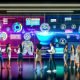 Marketing-Team diskutiert vor digitalen Dashboards mit KI-Dialoganzeigen und Conversion-Statistiken in modernem, urbanem Büro mit holografischen Bannern und Code-Snippets.