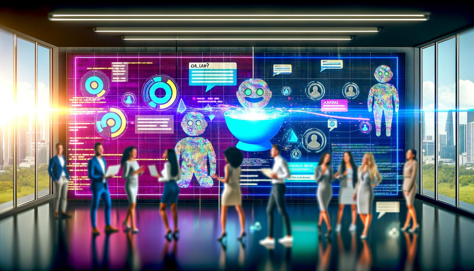 Marketing-Team diskutiert vor digitalen Dashboards mit KI-Dialoganzeigen und Conversion-Statistiken in modernem, urbanem Büro mit holografischen Bannern und Code-Snippets.