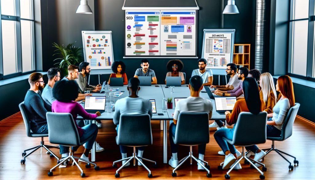 Dynamischer SEO-Workshop mit engagiertem Team an Laptops, lebendigen Screens und strategischen Flipcharts, während ein SEO-Trainer technische Themen erklärt.