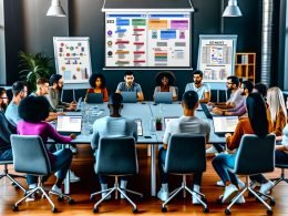 Dynamischer SEO-Workshop mit engagiertem Team an Laptops, lebendigen Screens und strategischen Flipcharts, während ein SEO-Trainer technische Themen erklärt.