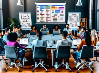 Dynamischer SEO-Workshop mit engagiertem Team an Laptops, lebendigen Screens und strategischen Flipcharts, während ein SEO-Trainer technische Themen erklärt.