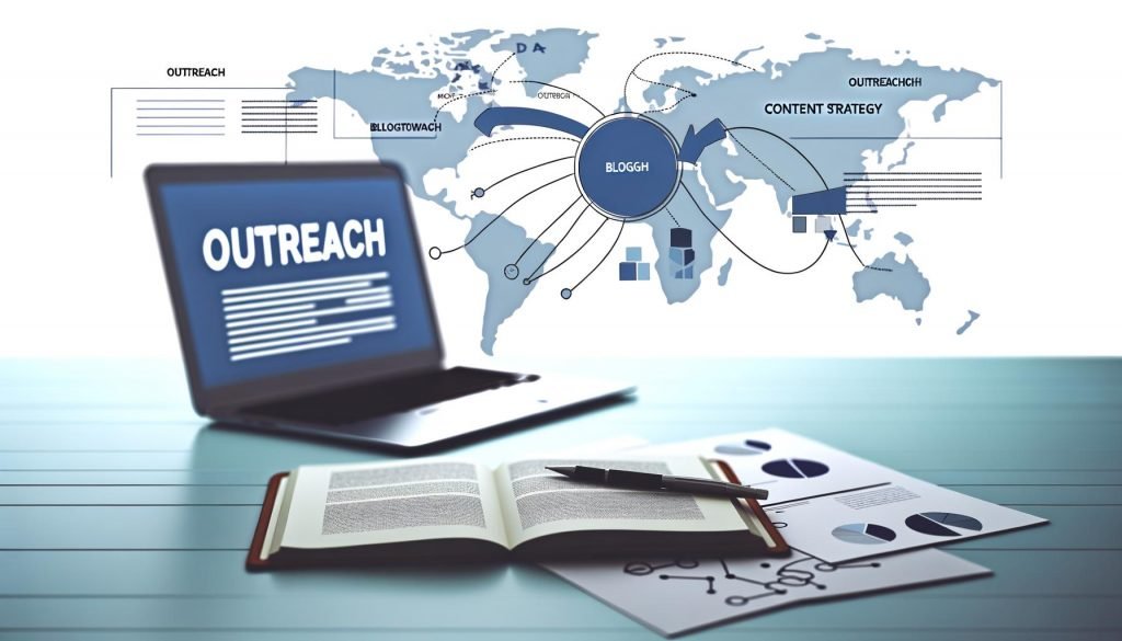 Moderner Arbeitsplatz mit Laptop, Notizen zu Outreach, Traffic und Content-Strategie, umgeben von Blog- und Netzwerk-Icons als Symbol für Blogger Outreach.