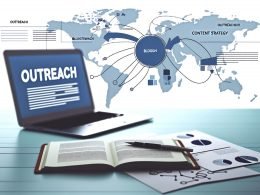 Moderner Arbeitsplatz mit Laptop, Notizen zu Outreach, Traffic und Content-Strategie, umgeben von Blog- und Netzwerk-Icons als Symbol für Blogger Outreach.