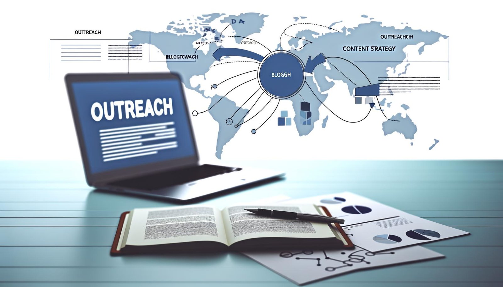 Moderner Arbeitsplatz mit Laptop, Notizen zu Outreach, Traffic und Content-Strategie, umgeben von Blog- und Netzwerk-Icons als Symbol für Blogger Outreach.