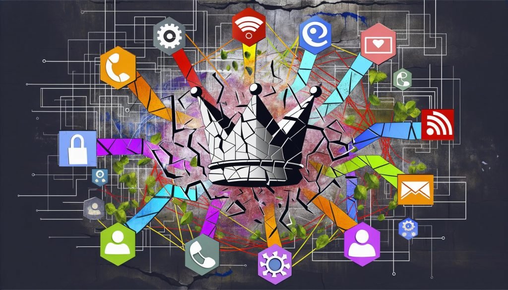 Dynamische Collage mit zersprungenem Conversion-Krönchen, umgeben von Social-Media-Icons, verbunden durch bunte Linien, vor einem Labyrinth aus Tracking-Daten und Cookie-Puzzleteilen.