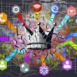 Dynamische Collage mit zersprungenem Conversion-Krönchen, umgeben von Social-Media-Icons, verbunden durch bunte Linien, vor einem Labyrinth aus Tracking-Daten und Cookie-Puzzleteilen.
