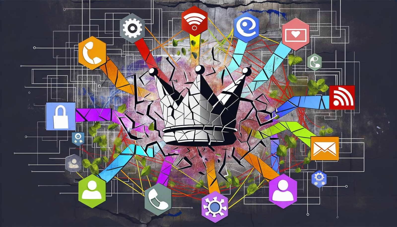 Dynamische Collage mit zersprungenem Conversion-Krönchen, umgeben von Social-Media-Icons, verbunden durch bunte Linien, vor einem Labyrinth aus Tracking-Daten und Cookie-Puzzleteilen.