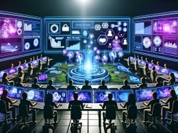 Futuristischer Kontrollraum mit Marketingexperten, die holografische Dashboards zu KI-Dialoganzeigen, Analysen und Benutzerprofilen untersuchen. Neonfarben, Gesprächsblasen und NLP-Symbole visualisieren innovative Werbetechnologien.