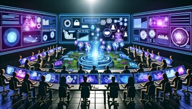 Futuristischer Kontrollraum mit Marketingexperten, die holografische Dashboards zu KI-Dialoganzeigen, Analysen und Benutzerprofilen untersuchen. Neonfarben, Gesprächsblasen und NLP-Symbole visualisieren innovative Werbetechnologien.