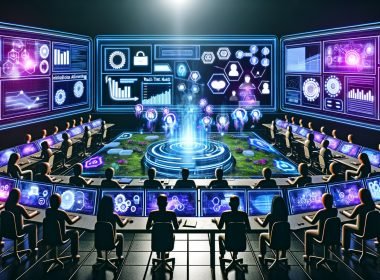 Futuristischer Kontrollraum mit Marketingexperten, die holografische Dashboards zu KI-Dialoganzeigen, Analysen und Benutzerprofilen untersuchen. Neonfarben, Gesprächsblasen und NLP-Symbole visualisieren innovative Werbetechnologien.