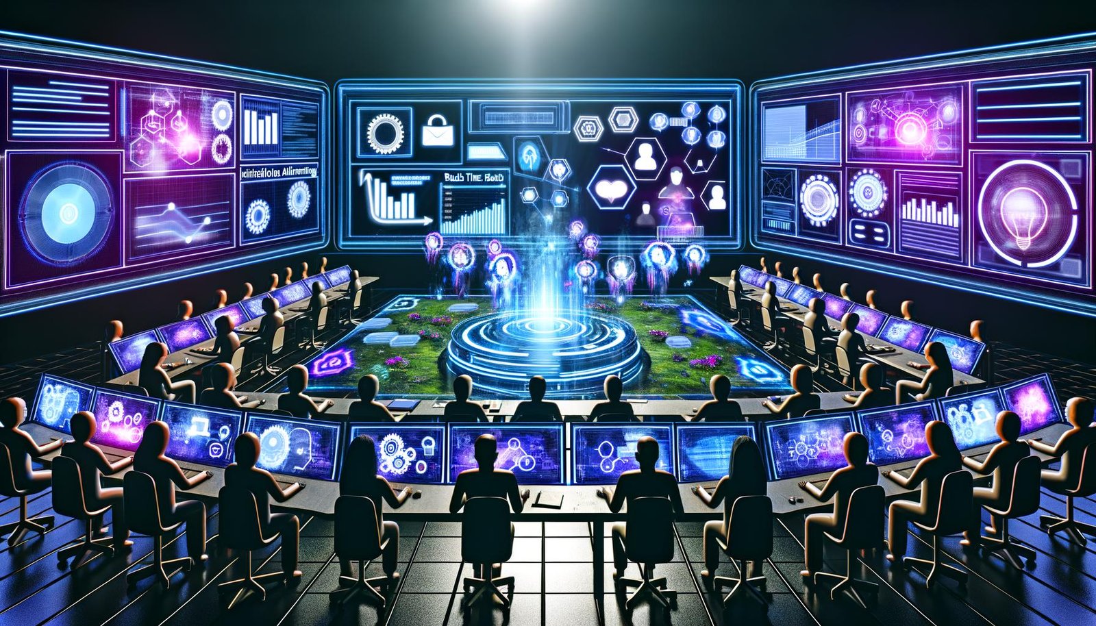 Futuristischer Kontrollraum mit Marketingexperten, die holografische Dashboards zu KI-Dialoganzeigen, Analysen und Benutzerprofilen untersuchen. Neonfarben, Gesprächsblasen und NLP-Symbole visualisieren innovative Werbetechnologien.