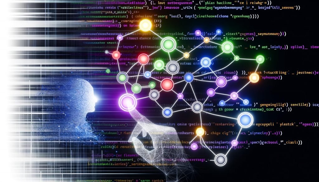 Magazin-Titelbild mit abstrahierter Benutzeroberfläche, visualisiertem Chatbot-Dialogbaum, verschlungenen Pfaden, Codes im Hintergrund und einem User-Avatar, der mit einem leuchtenden Textfeld interagiert.