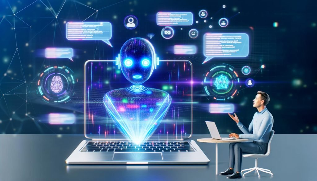 Futuristischer Laptop mit KI-Chatbot-Interface, holografischen Daten, Analysen und Icons für KI-Technologien in einem modernen Workspace.