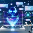 Futuristischer Laptop mit KI-Chatbot-Interface, holografischen Daten, Analysen und Icons für KI-Technologien in einem modernen Workspace.