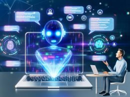 Futuristischer Laptop mit KI-Chatbot-Interface, holografischen Daten, Analysen und Icons für KI-Technologien in einem modernen Workspace.