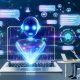 Futuristischer Laptop mit KI-Chatbot-Interface, holografischen Daten, Analysen und Icons für KI-Technologien in einem modernen Workspace.