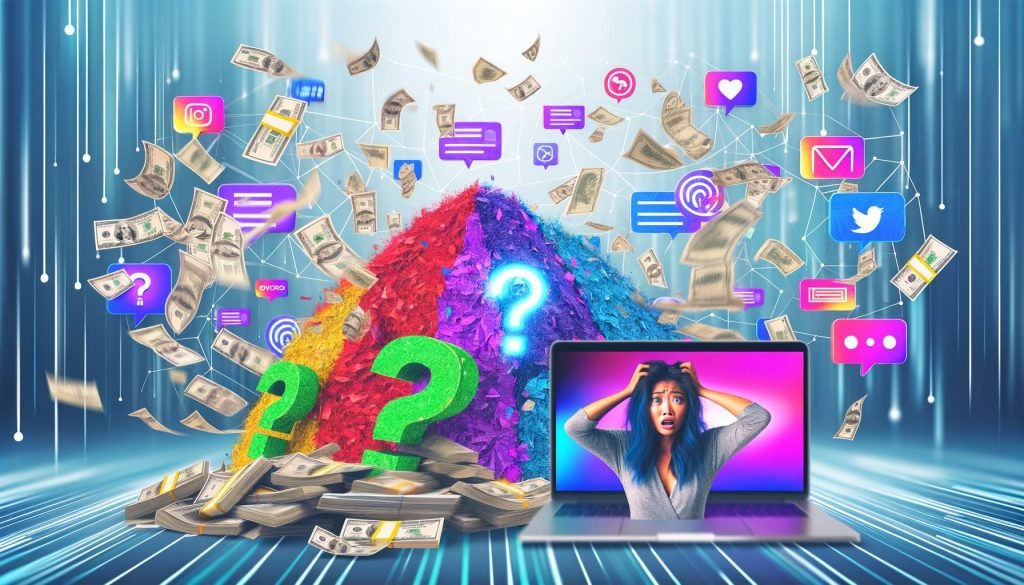 Ein stylischer, irritierter Marketer mit Laptop steht zwischen Papierkonfetti, Geldscheinen, digitalen Diagrammen und flackernden Monitoren. Im Hintergrund unscharfe Icons zu Google Ads, Social Media, Newsletter und Website, eingerahmt von UTM-Tags, Kabeln, Cookie-Bannern und Fragezeichen.