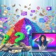 Ein stylischer, irritierter Marketer mit Laptop steht zwischen Papierkonfetti, Geldscheinen, digitalen Diagrammen und flackernden Monitoren. Im Hintergrund unscharfe Icons zu Google Ads, Social Media, Newsletter und Website, eingerahmt von UTM-Tags, Kabeln, Cookie-Bannern und Fragezeichen.