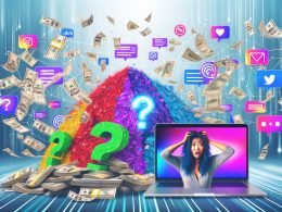 Ein stylischer, irritierter Marketer mit Laptop steht zwischen Papierkonfetti, Geldscheinen, digitalen Diagrammen und flackernden Monitoren. Im Hintergrund unscharfe Icons zu Google Ads, Social Media, Newsletter und Website, eingerahmt von UTM-Tags, Kabeln, Cookie-Bannern und Fragezeichen.