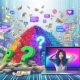 Ein stylischer, irritierter Marketer mit Laptop steht zwischen Papierkonfetti, Geldscheinen, digitalen Diagrammen und flackernden Monitoren. Im Hintergrund unscharfe Icons zu Google Ads, Social Media, Newsletter und Website, eingerahmt von UTM-Tags, Kabeln, Cookie-Bannern und Fragezeichen.