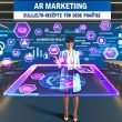 Business-Profi hält transparentes Tablet mit schwebenden 3D-Grafiken und Augmented-Reality-Elementen in modernem Büro, umgeben von virtuellen Postern zu AR-Marketing-Themen.