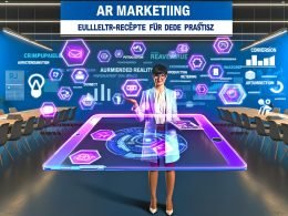 Business-Profi hält transparentes Tablet mit schwebenden 3D-Grafiken und Augmented-Reality-Elementen in modernem Büro, umgeben von virtuellen Postern zu AR-Marketing-Themen.
