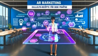 Business-Profi hält transparentes Tablet mit schwebenden 3D-Grafiken und Augmented-Reality-Elementen in modernem Büro, umgeben von virtuellen Postern zu AR-Marketing-Themen.