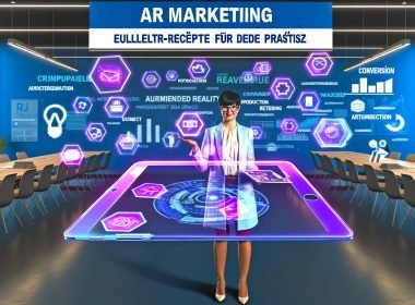 Business-Profi hält transparentes Tablet mit schwebenden 3D-Grafiken und Augmented-Reality-Elementen in modernem Büro, umgeben von virtuellen Postern zu AR-Marketing-Themen.
