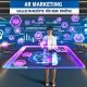Business-Profi hält transparentes Tablet mit schwebenden 3D-Grafiken und Augmented-Reality-Elementen in modernem Büro, umgeben von virtuellen Postern zu AR-Marketing-Themen.