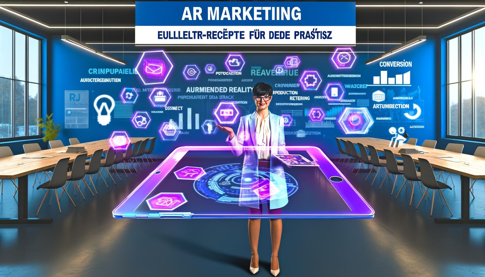 Business-Profi hält transparentes Tablet mit schwebenden 3D-Grafiken und Augmented-Reality-Elementen in modernem Büro, umgeben von virtuellen Postern zu AR-Marketing-Themen.