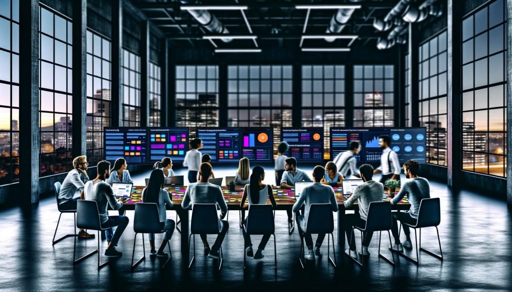 Junge Profis bei einem intensiven SEO-Strategieworkshop in einem industriellen Raum mit Analyse-Dashboards und Großstadtblick.
